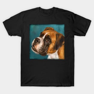 Vibrant Painting of a Gorgeous Brown Boxer Dog on Dark Blue Background T-Shirt